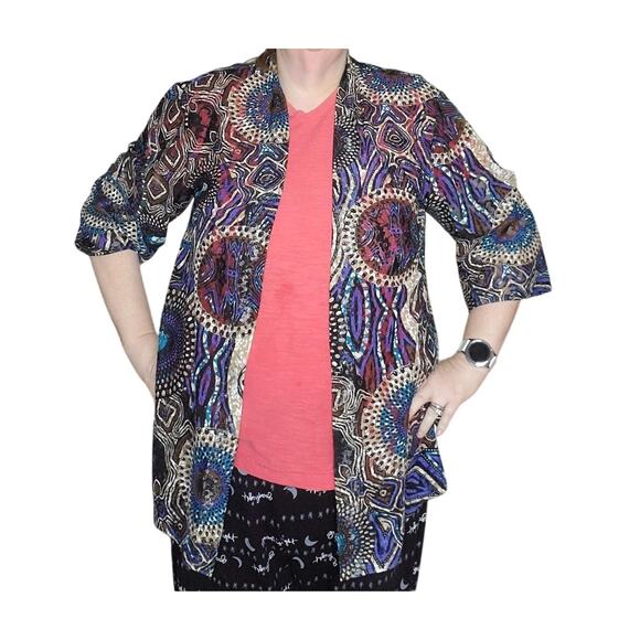 Chico’s Top Size XL (3) Mesh Artsy Lightweight Open Front Cardigan Medallions - Picture 2 of 8